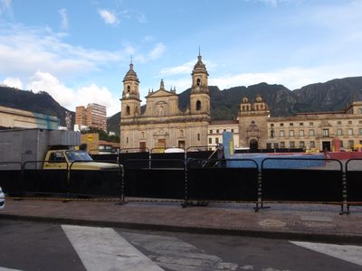 Church and Monserrate viewed from Plaza de Bolivar.