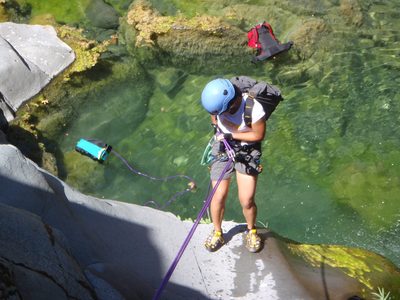 Christina finishing the first rappel.