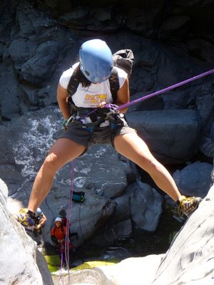 Extra style points for this maneuver.  Christina on rappel.