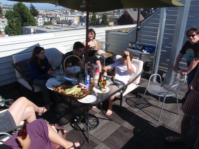 Barbecue on the roof. We had chicken skewers, grilled...