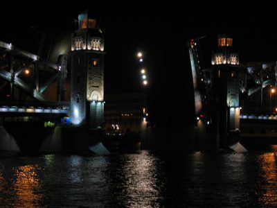 At night, the bridges in St. Petersburg all go up in...