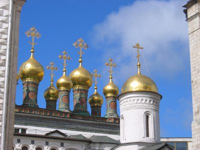 A pretty top to one of the churches in the Kremlin.