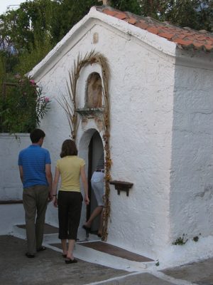 Inspecting a chapel in Clea's village of Kardamyli.