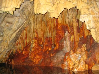Stalagtites and water.