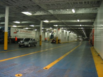 Inside the garage on the ferry boat to Corfu.  This was...
