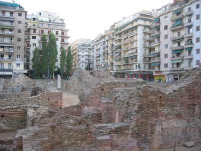 Byzantine ruins amidst ugly apartment buildings in...