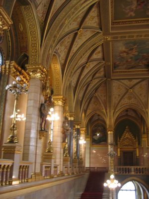Entry hall inside the Hungarian parliament.  Note the...