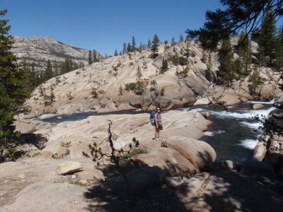 Monica, observing a cascading section of the Tuolumne River.