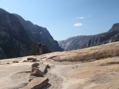 Mel, approaching an overlook for Waterwheel Falls.