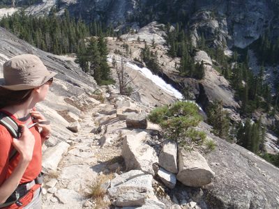 Mel looking back on Waterwheel Falls as we continued down trail.