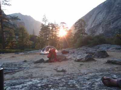 The sun sets behind our campsite.