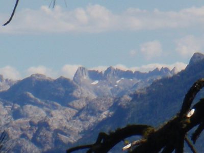 Very zoomed in shot of the Sawtooth Mountain Range,...