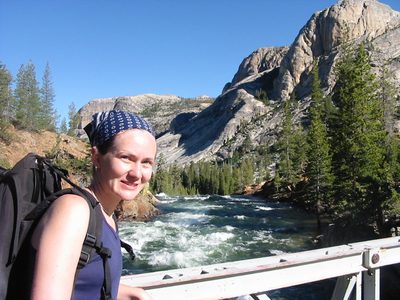 Rachel on the bridge over the Tuolumne River near the...