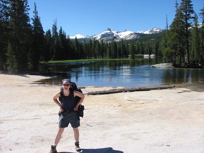 Rachel with the Cathedral Range in the background.