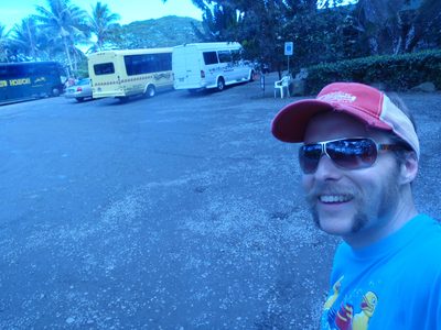 John in the parking lot of a macadamia nut farm.  Lydia...