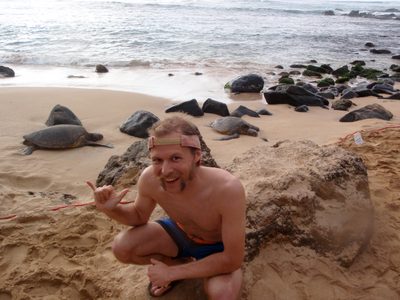 John giving a "shaka" sign for the turtles.