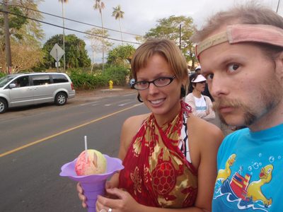 Lydia and John with shave ice in hand.