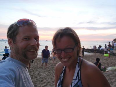 Lydia and I try to pose for a post-sunset picture.