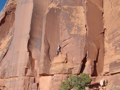 Monica on an unnamed 5.10 next to Tube Steaks Tomorrow.