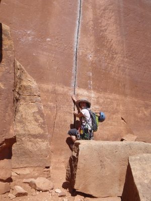 Monica posing at the base of Coyne Crack... perfect 5.11...