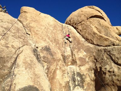 Monica climbing a double crack 5.8 on Trashcan Rock in...