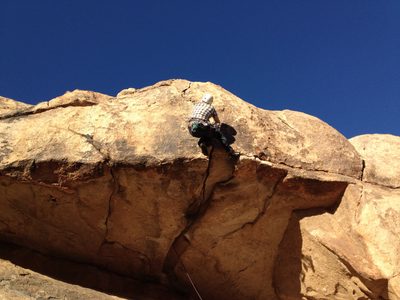 The route continues up from here, headed to the climber's left.