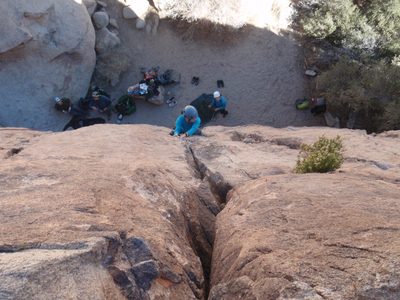 Monica leading. Jay and Rob at the left. Lee belaying Monica.