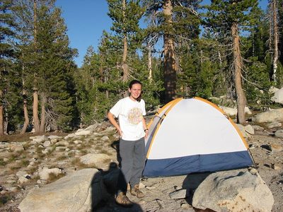 Rachel and our trusty shelter.