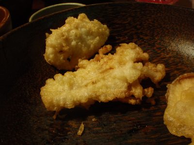 Tempura mushroom.  Also pictured, tempura lotus root.