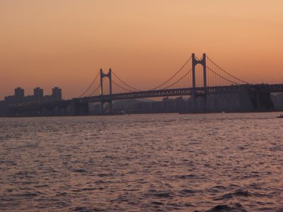 Sunset on the Diamond Bridge in Busan.
