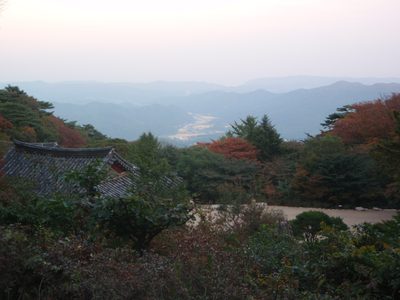View from the mountain temple complex back down into a...