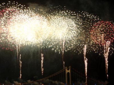 Fireworks over the Diamond Bridge in Busan.