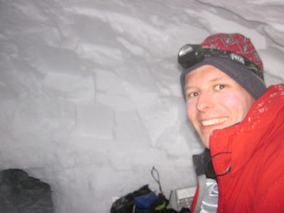 John, inside our snow cave on our second night out.