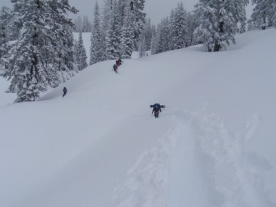 Crossing an avalanche gully one at a time.