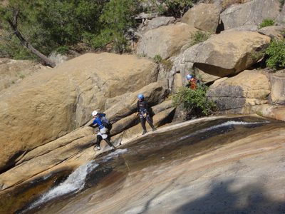Catherine leads the way around some slippery cascades.