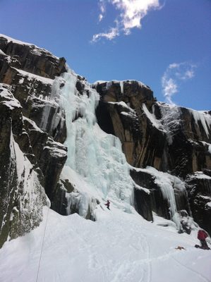 Monica gets ready to climb Code Red (WI 4+, 60 meters)...