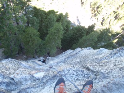Monica climbing the first pitch of The Groove.