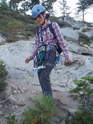 Hiking back to the base, looking tired but content.