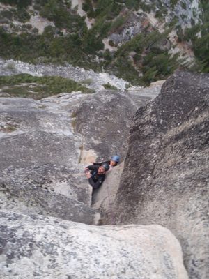 Monica and Alex, being simul-belayed up the third and...