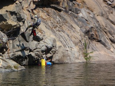 Andy on rappel with Joel proving a fireman's belay.