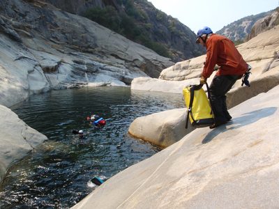 Joel, about to slide into the river.