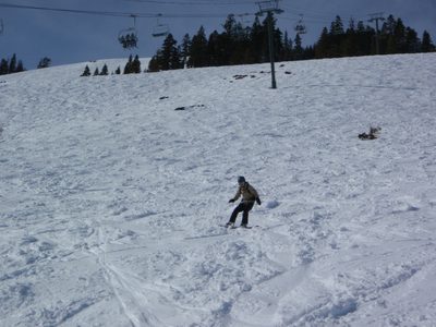 Monica snowboarding under the Sherwood chair at Alpine.
