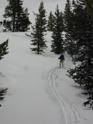 Catherine "skiing" down her first downhill on her split board.
