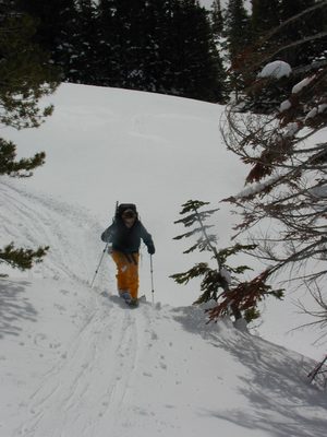 Catherine, tearing it up on the uphill on the hike in to...
