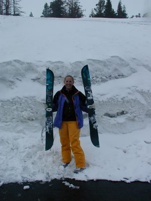 Catherine, with split board separated into skis (Step 4).