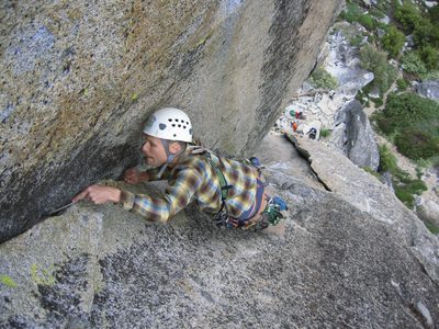 Placing another nut. Monica, my faithful belayer, has a...