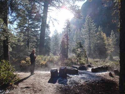Monica on Sunday morning at our camp. The sun came out...