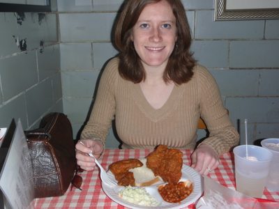 Alison with her fried chicken 2 piece of white meat meal.