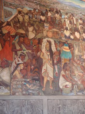 Diego Rivera mural of Aztec history.  Note the severed...