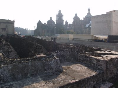 Templo Mayor with the cathedral in the background.